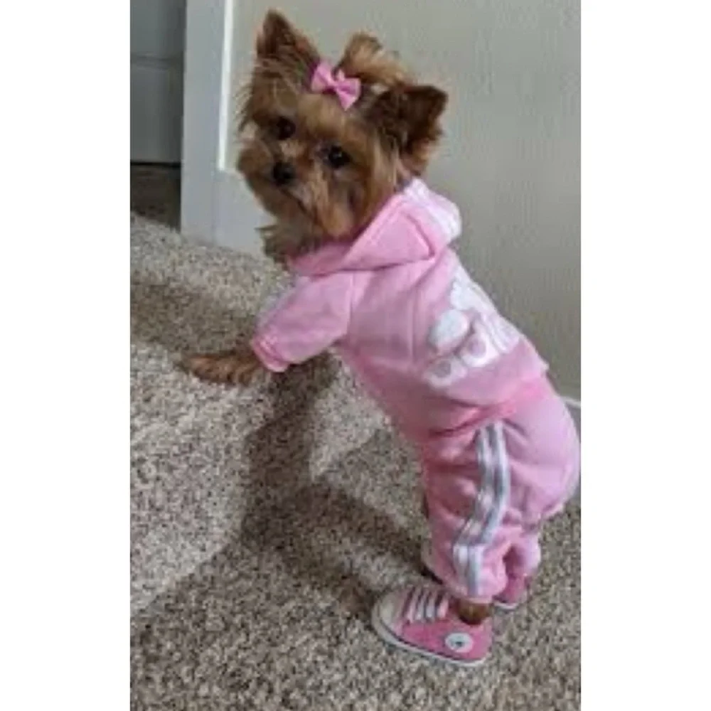 Pink Adidog Pet Hoodie and Pants Set
